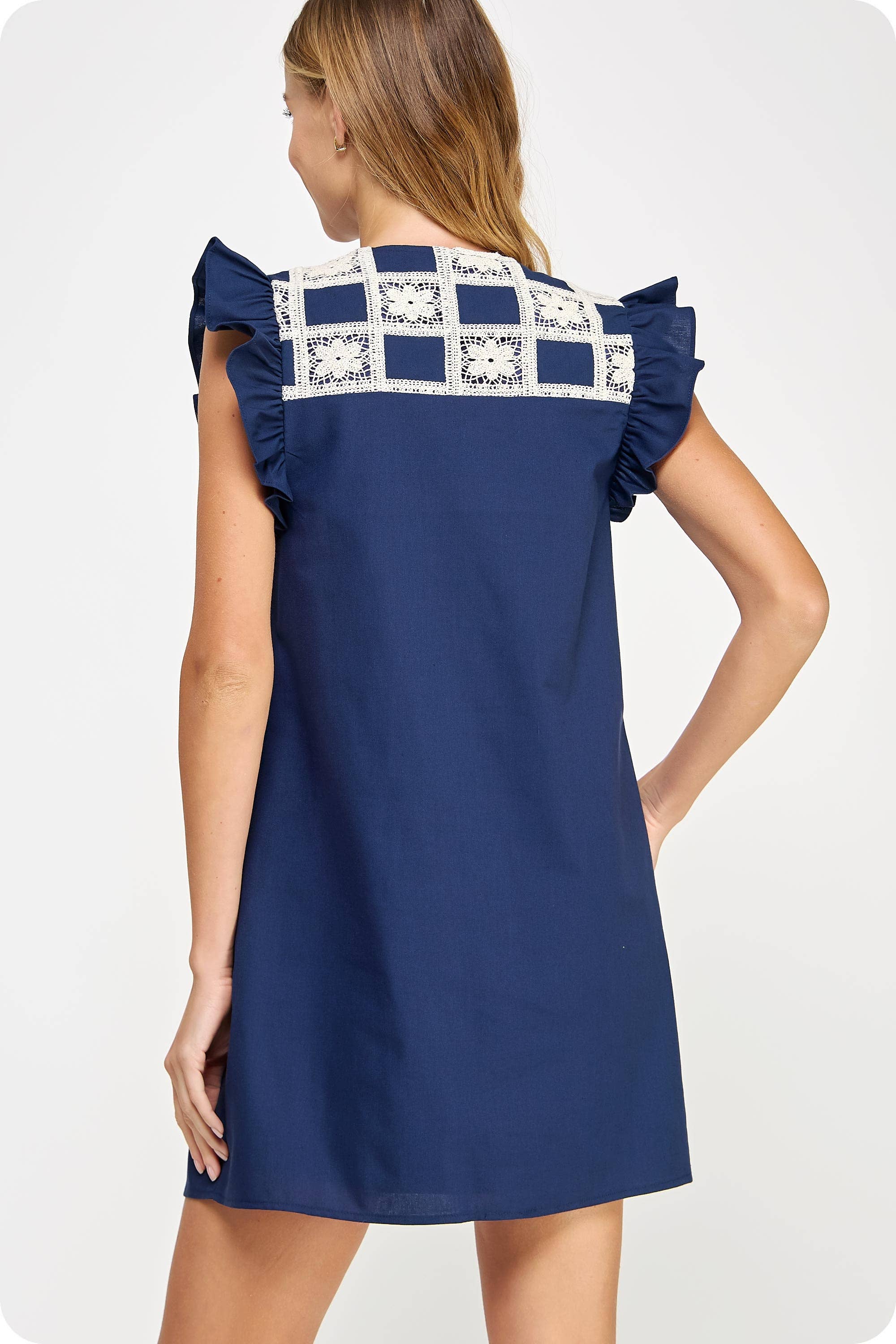 Crochet Detail Linen Mini Dress