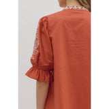 STYLE USA - Floral embroidered sleeve Solid mini dress