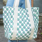 Anju Jewelry - Handcrafted Canvas Bag with Block-Printed Teal Marigold