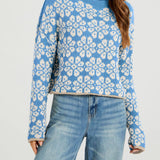 Rosa Clothing - Boho Floral Motif Rolled Neck Knit Sweater