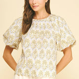 PINCH - TROPICAL PALM PRINT PUFF SLEEVE TOP - 7163TA
