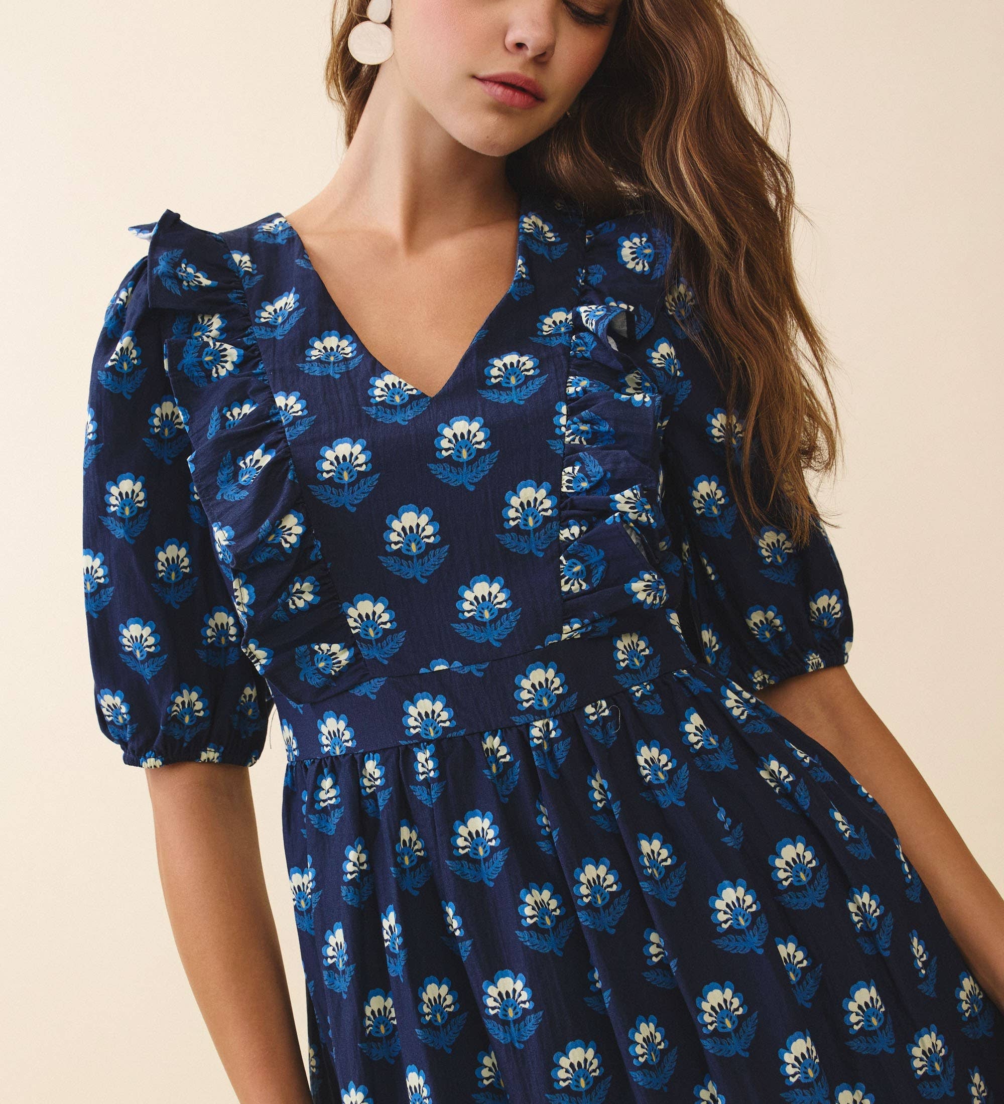 TCEC - CD06373-Floral Print V Neck Cascading Ruffle Detail Dress