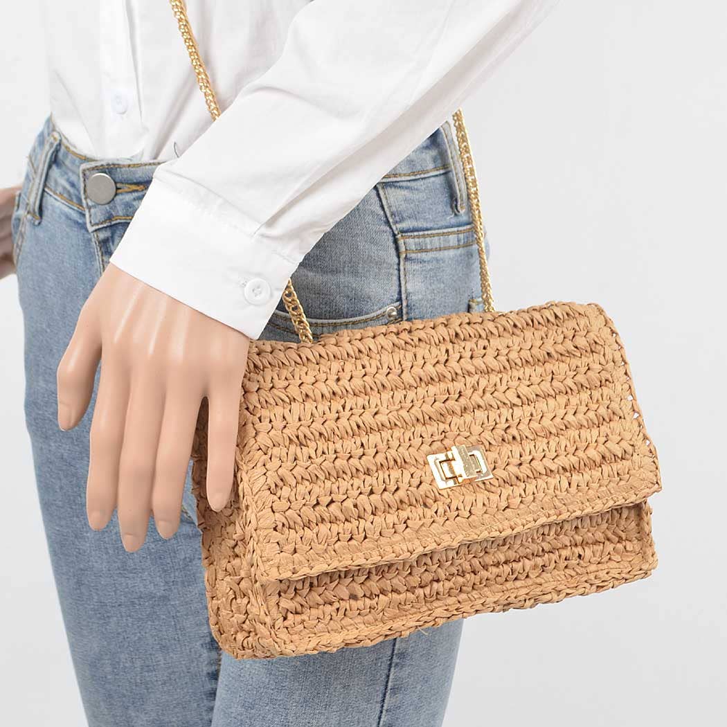 3AM BY H&D ACCESSORIES - Faux Straw Flap Chain Shoulder Clutch