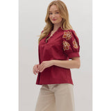 STYLE USA - Solid ruffle accent V-neck top