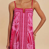 Rosa Clothing - Tropical palm print swing maxi strappy dress in fuchsia