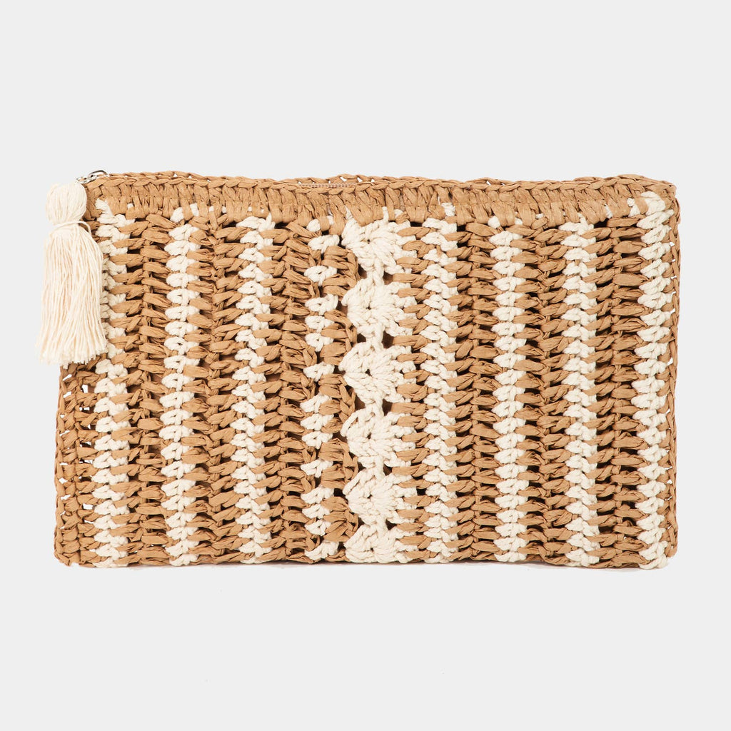 Collections by Fame Accessories - Tassel Zipper Straw Knit Cosmetic Bag
