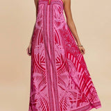 Rosa Clothing - Tropical palm print swing maxi strappy dress in fuchsia