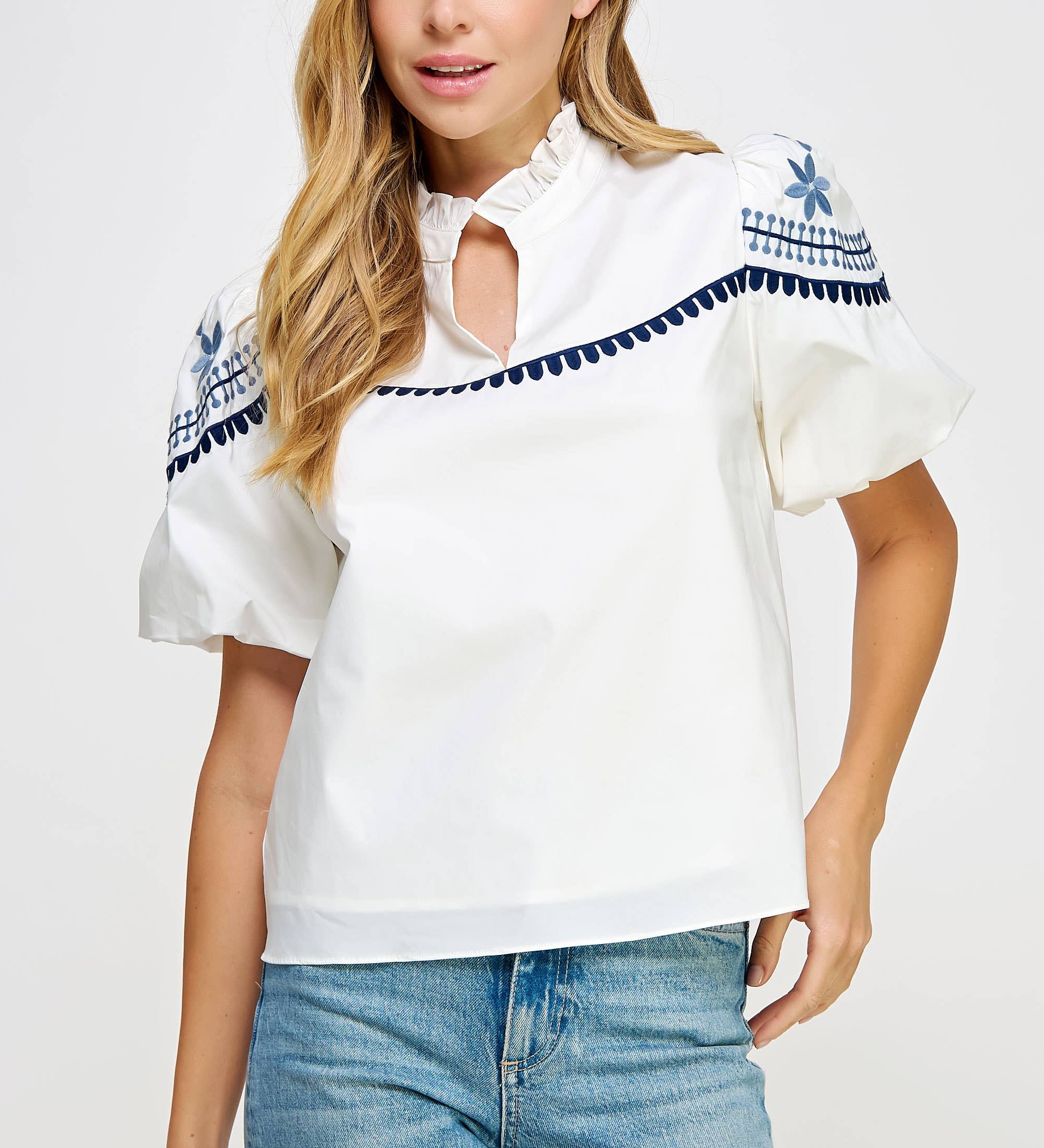 Strut & Bolt - Embroidered Puff Sleeve Top