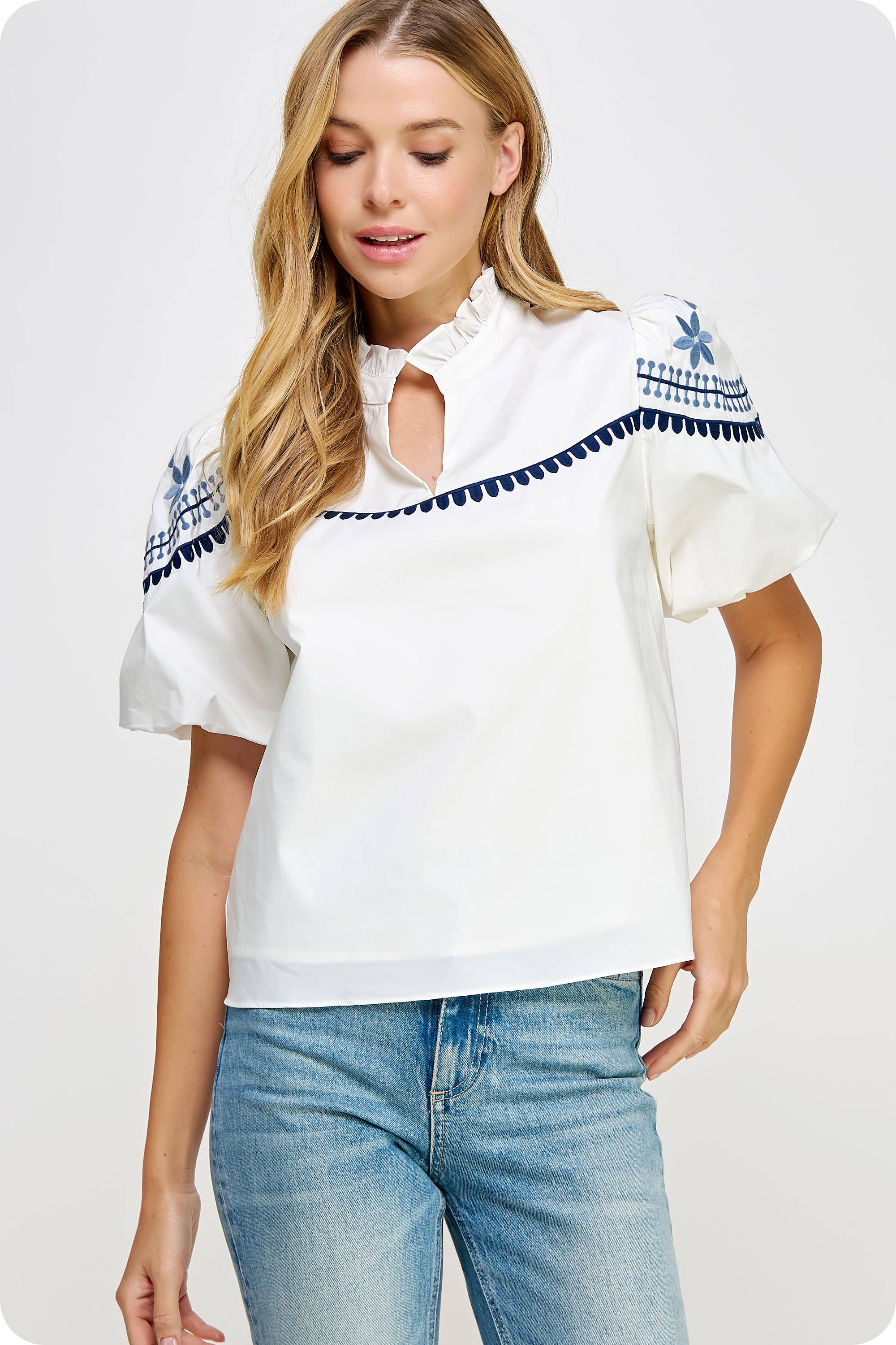 Strut & Bolt - Embroidered Puff Sleeve Top