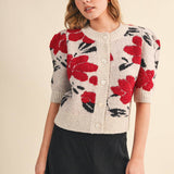 &MERCI - FLORAL KNIT SHORT PUFF SLEEVE SWEATER CARDIGAN MSW11393