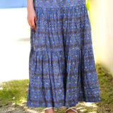 Dolma - Block Printed Tiered Cotton Skirt- Grey Blue 