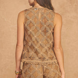 Strut & Bolt - Fringe Hem Floral Medallion Crochet Sleeveless Top