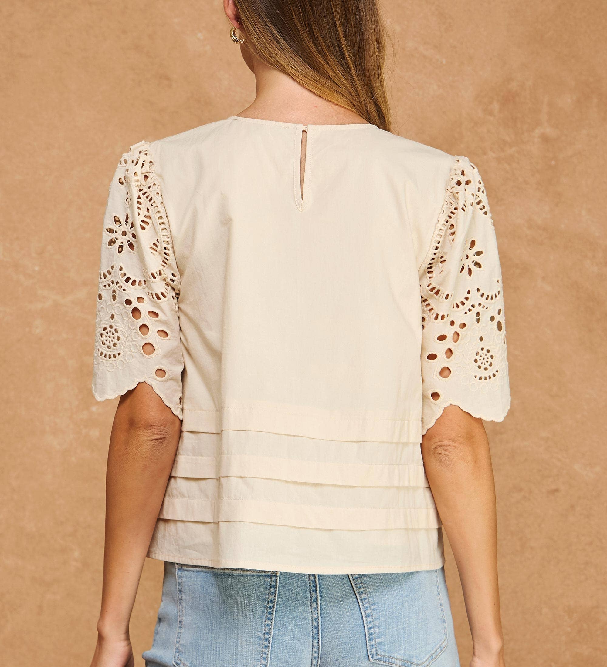 Strut & Bolt - Eyelet Embroidery Flutter Short Sleeve Pintuck Blouse