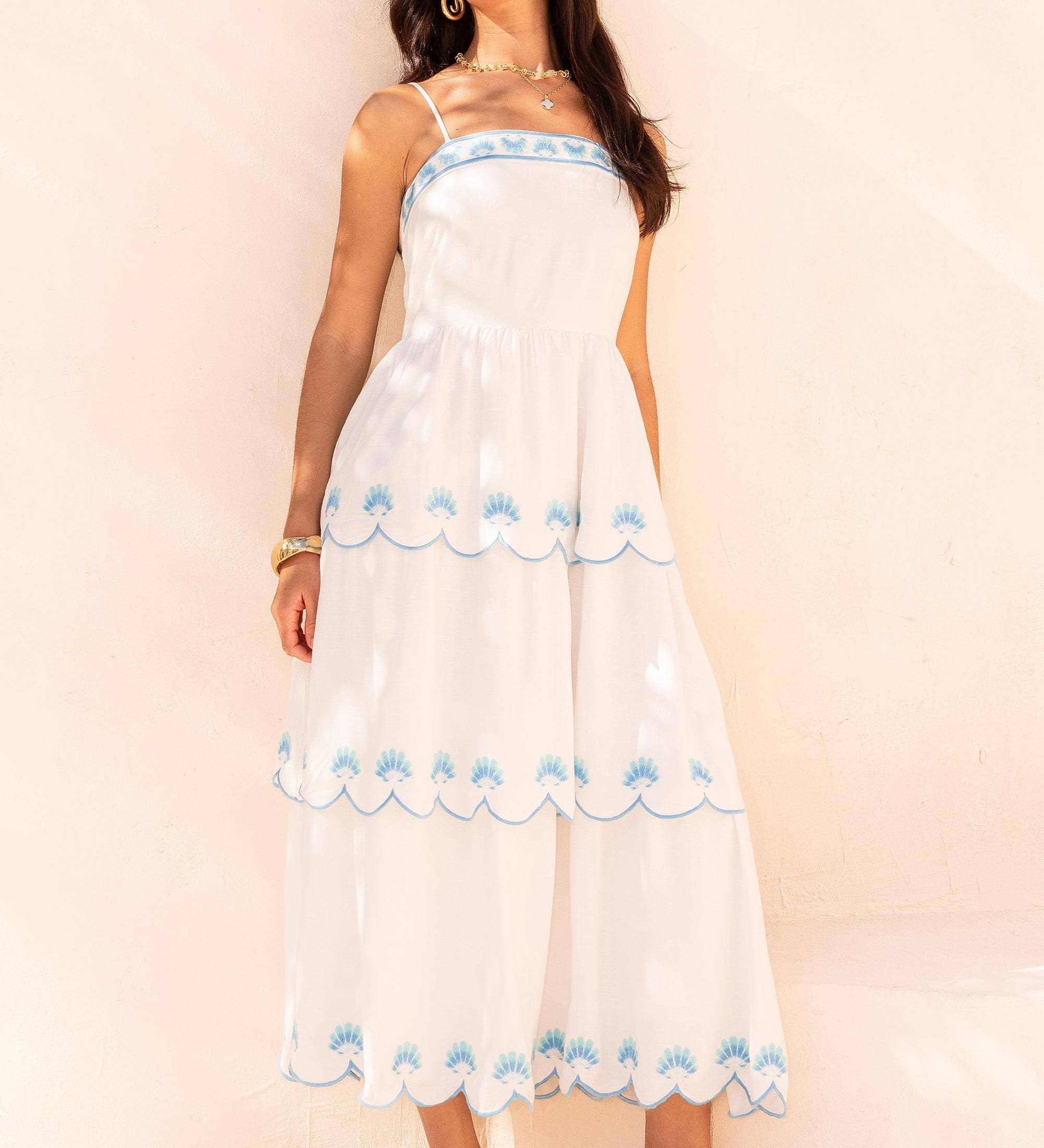Strut & Bolt - Seashell Embroidery Scallop Layered Midi Dress