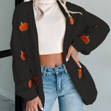 Rosa Clothing - Halloween Pumpkin Embroidery Ribbed Knit Open Cardigan