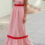 1 the Woman - Knot Straps Contrast Trim High Waist Ruffle Hem Maxi Dress