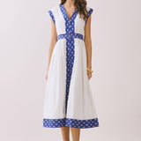 TCEC - CD06045-Contrast Printed Trim Detail V Neck Midi Dress
