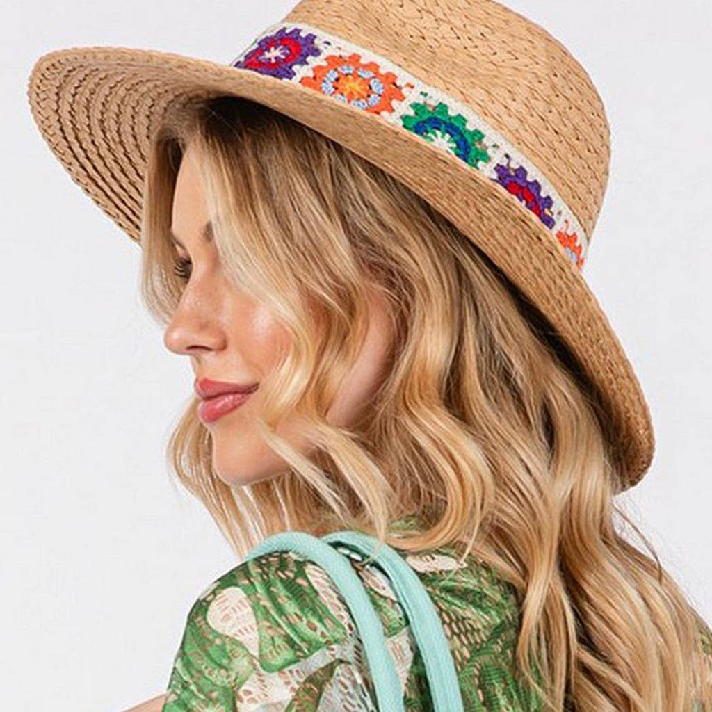 3AM BY H&D ACCESSORIES - Floral Crochet Band Straw Hat