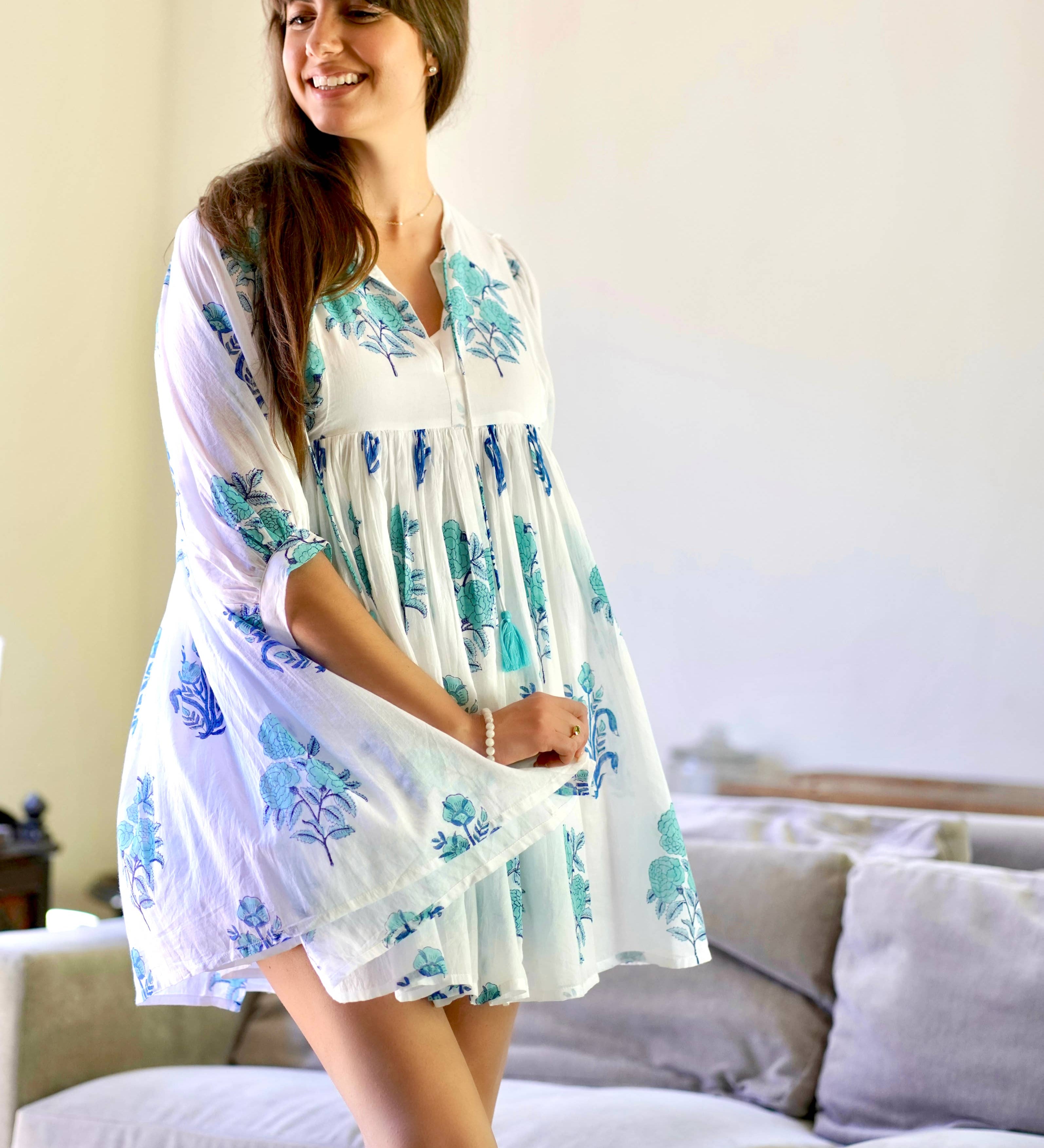 Dolma - Raya Block Printed Mini Dress White Turq