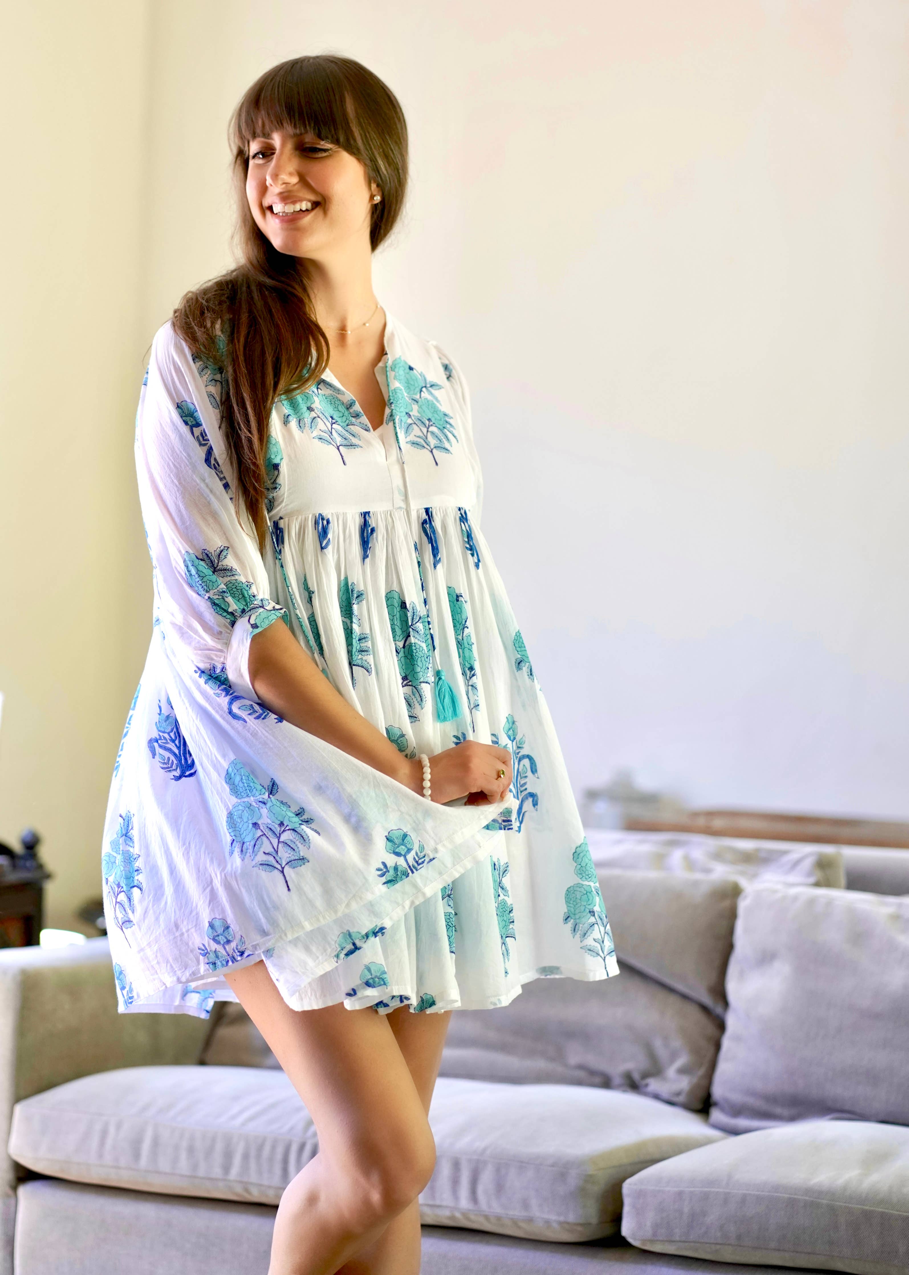 Dolma - Raya Block Printed Mini Dress White Turq