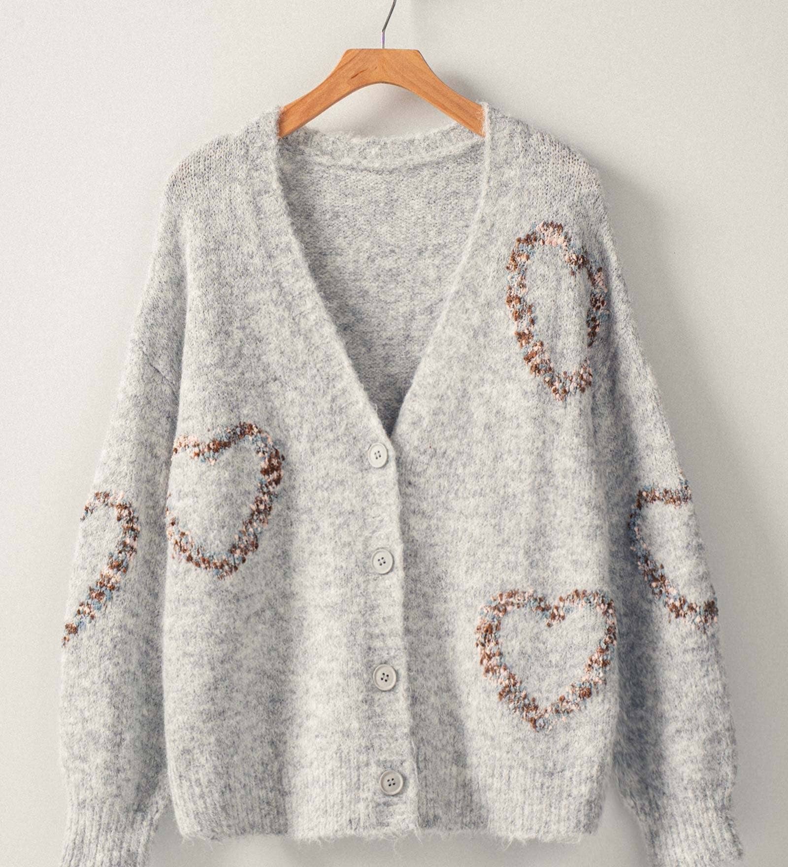 Urban Daizy - Heart Pattern V-Neck Wool Blend Cardigan