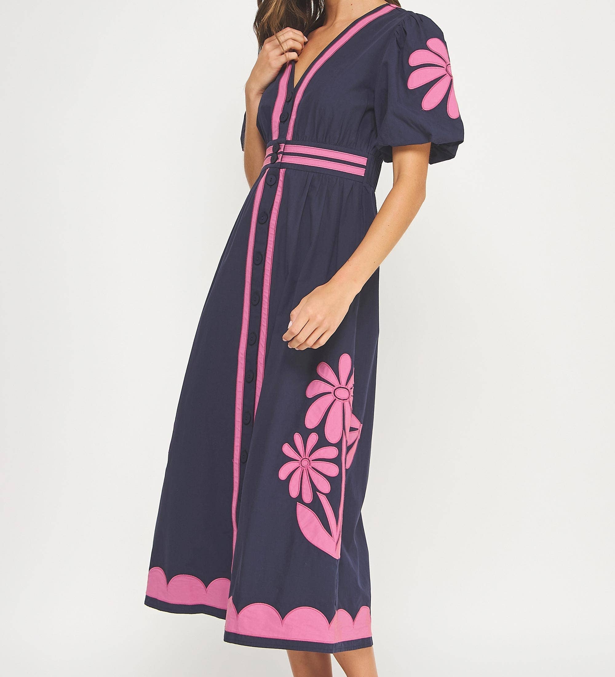 Strut & Bolt - Flower Patch Contrast Embroidery Midi Dress