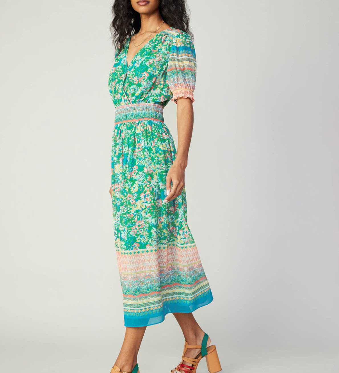Current Air - Floral Border Print Surplice Midi Dress