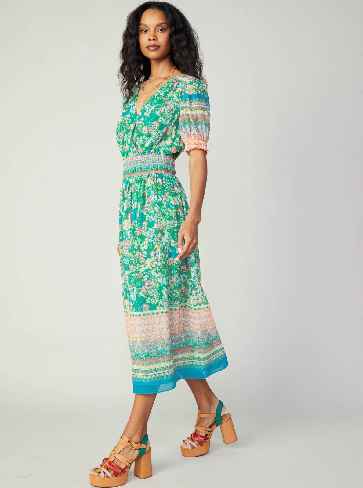 Current Air - Floral Border Print Surplice Midi Dress Green Multi / S Current Air - Floral Border Print Surplice Midi Dress Green Multi / S