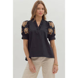STYLE USA - Solid ruffle accent V-neck top