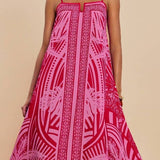 Rosa Clothing - Tropical palm print swing maxi strappy dress in fuchsia