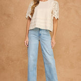 Strut & Bolt - Eyelet Embroidery Flutter Short Sleeve Pintuck Blouse