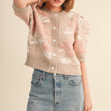 &MERCI - FLORAL KNIT SHORT PUFF SLEEVE SWEATER CARDIGAN MSW11393