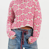 Rosa Clothing - Boho Floral Motif Rolled Neck Knit Sweater