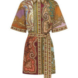 Rosa Clothing - Spliced Exclusive Paisley Print Resort Belted Shirt Dress