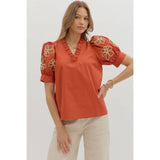 STYLE USA - Solid ruffle accent V-neck top
