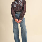 &MERCI - EMBROIDERED RUFFLED MOCK NECK TOP MTP5289