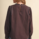 &MERCI - EMBROIDERED RUFFLED MOCK NECK TOP MTP5289