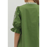 STYLE USA - Floral embroidered sleeve Solid mini dress