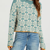 Rosa Clothing - Boho Floral Motif Rolled Neck Knit Sweater