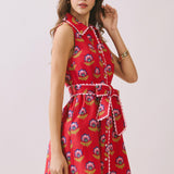 TCEC - CD06056-Floral Print Contrast Scalloped Trim Detail Dress