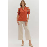 STYLE USA - Solid ruffle accent V-neck top
