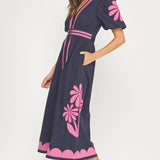 Strut & Bolt - Flower Patch Contrast Embroidery Midi Dress