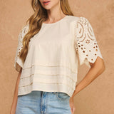 Strut & Bolt - Eyelet Embroidery Flutter Short Sleeve Pintuck Blouse