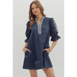 STYLE USA - Floral embroidered sleeve Solid mini dress