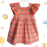 The Indian Bazaar - Girls Flutter Sleeve Dress - Peach Block Print