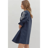 STYLE USA - Floral embroidered sleeve Solid mini dress