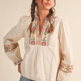 &MERCI - FLORAL CROSS STITCH EMBROIDERED PUFF SLEEVE TOP MTP4089