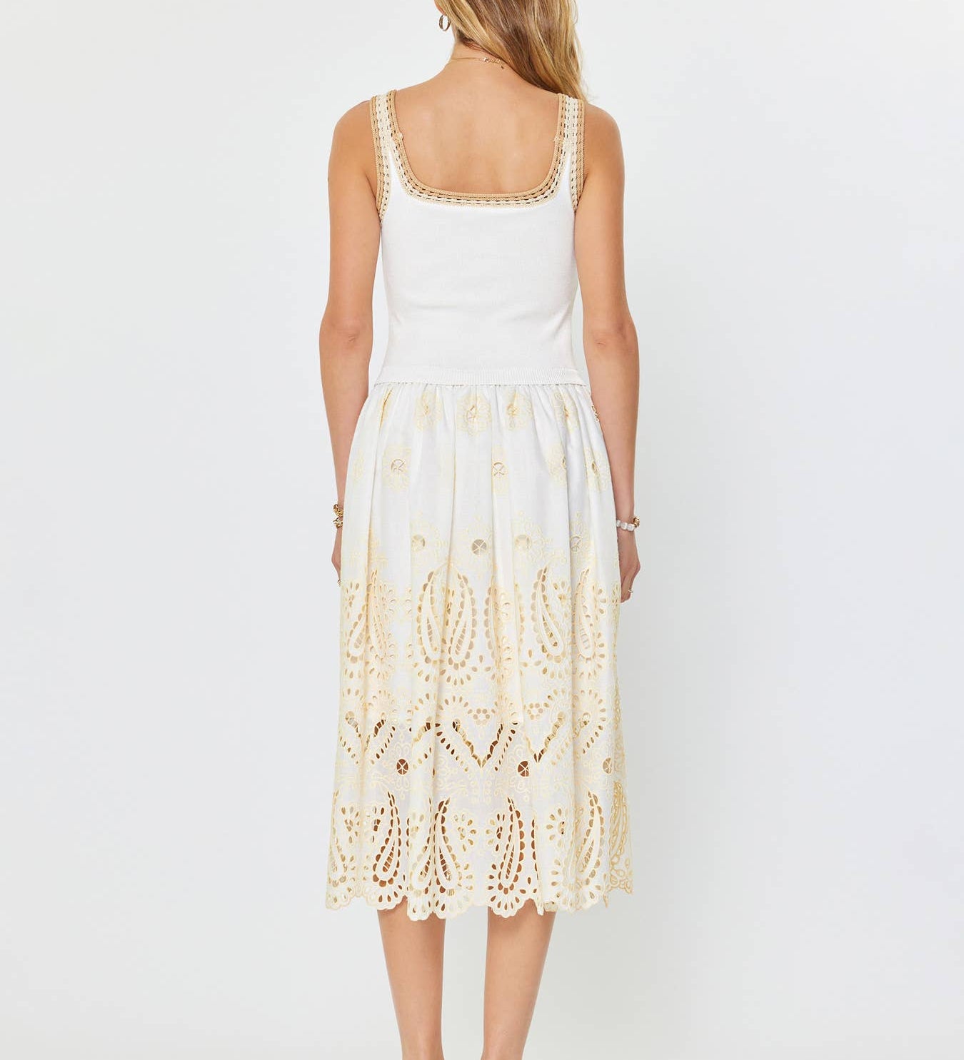 Current Air - Eyelet Skirt Sleeveless Sweater Combo Midi Dress