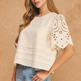 Strut & Bolt - Eyelet Embroidery Flutter Short Sleeve Pintuck Blouse