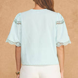 Strut & Bolt - Embroidered Floral Lace Detail Scalloped Short Sleeve Top